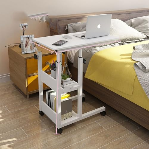 MYRTFK Beistelltisch mit Rollen, Nachttisch Mobile StandingTable Portable Rolling Desk Manual Lifting Desk, Laptop Stand, Computer Cart, für Zuhause Krankenhaus(White,80cm)