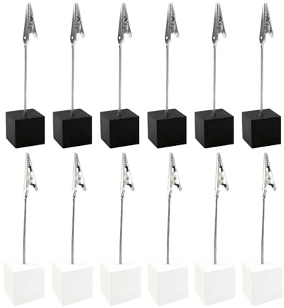LifgWas 12 Porte Photo avec Pinces en Métal sur Base en Bois de Pin, Porte-Carte Moderne pour Menu, Note de Bureau et Mariage, Noir et Blanc, Support Présentation 10.5cm