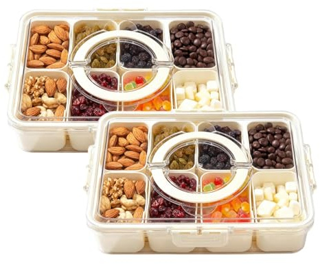 LN COZY CORNER Snackle Box with 8 Removable Compartments, Airtight Lid & Handle, Plastic Food Container Organizer for Snacks, Fruits, Nuts, Candy, Charcuterie, Travel, Picnics (2PCS)