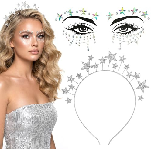 Sterne Haarreif,Silber Sterne Stirnband,Haarband Gesichtstattoo Haarreif,Haarschmuck Sterne Für Karneval Hochzeit HalloweenMaskerade Geburtstag Kostümparty