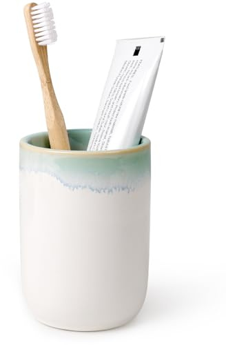 Zahnputzbecher Keramik Bosilunlife, 390ml Weiß/Grüner Rand Zahnbürstenhalter im Soft-Touch, Mundwasser Tasse Zahnbecher Badezimmerbecher für Zahnbürste & Zahnpasta