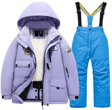 Generisch Combinaison de ski pour enfant - Avec poche polaire - Veste et pantalon d'hiver coupe-vent - Snowboard - Unisexe - Pour l'hiver, bleu, 14-16 ans