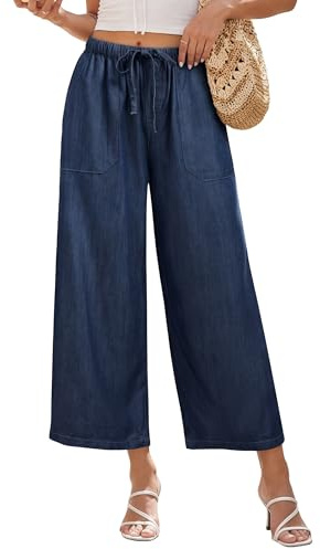 Fengbay 7/8 Jeans Damen Wide Leg Baggy Sommerjeans Pull On Jeanshose Casual | Leichte Elastischer Bund High Waisted Stretch Damenjeans Mit Taschen Mode Female Wide Bein Frauen Denim Hosen