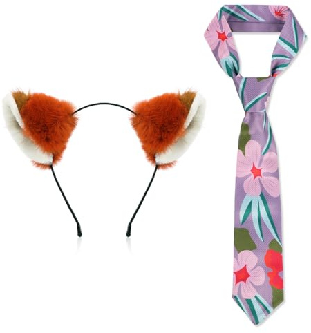 MWOOT Déguisement de Renard, Serre Tête Oreilles de Renard, Ensemble de Bandeaux d'oreilles d'animal en Fourrure avec Cravate Fleurie pour Halloween,Fête costumée,Déguisement de carnaval