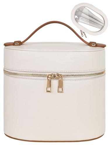 Prite 2 Pcs Trousse de Maquillage Rigide Vanity Case Voyage Femme, Beige | Trousse de Toilette,Multi-Compartiments,Pochette Pinceaux Transparente,Hydrofuge,Cuir Vegan , Coffret Cadeau Inclus