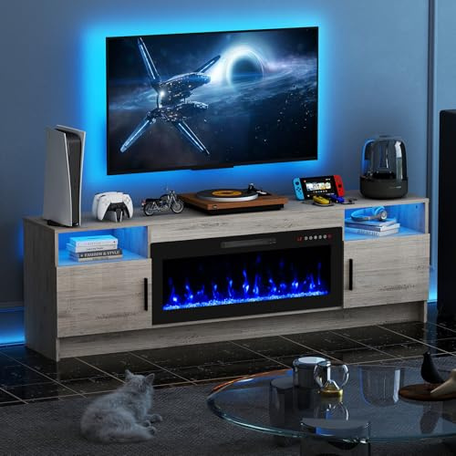 70 Inch Electric Fireplace TV Stand with 36 Inch Fireplace for up to 80 Inch TVs, 12 Flame Colors & 20-Color LED Lights, with Extra Large Storage Space, UKCA Certified for UK Living Rooms, Grey