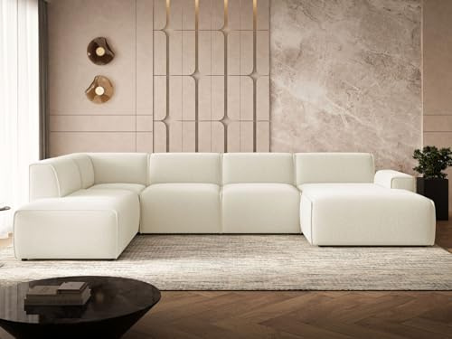 GRAINGOLD Belluno Ecksofa 378x220 cm, U-Form Sofa, Ecksofa für Wohnzimmer, Bouclé Stoff, 5-Sitzer Wohnlandschaft, Modernes Design (Hellbeige, Links)