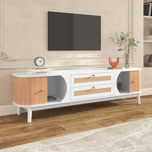 RAPRAP Meuble TV de 170 cm en bois naturel, meuble TV bas avec portes et tiroirs, table de télévision brune avec côtés en rotin, style rustique naturel,Blanc