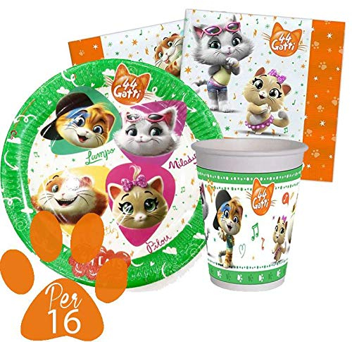 ARCOBALENOPARTY Kit 52 PZ Compleanno Bambini 44 Gatti Coordinato TAVOLA (16 Piatti,16 Bicchieri,20 TOVAGLIOLI)
