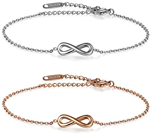 JewelryWe Schmuck 2 PCS Damen Armband Fußkette, Lieben Infinity Unendlichkeit Zeichen Charm Armreif Fußkettchen, Edelstahl, Silber Rose Gold