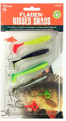 FLADEN Fishing - 4 x SOFT LURE RIBBED SHADS Assortment Imitation Bait Fish for Predatory Fishing - Comes with 2 Lead-Free Jig Heads (Pack 2, 4 x 8cm / 8g Size 2/0 jigs) [20-67002]