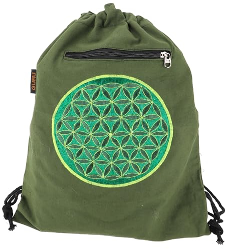 GURU SHOP Bestickter Turnbeutel, Rucksack, Sportbeutel, Freizeitbeutel, Goa Beutel, Hippie Beutel - Grün, Unisex - Erwachsene, Baumwolle, 45x35x15 cm