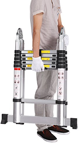 5M Alu Teleskopleiter Klappleiter Ausziehleiter Mehrzweckleiter Anlegeleiter aus hochwertigem Alu Teleskop-Design 150 kg Belastbarkeit, 8X8 Sprossen