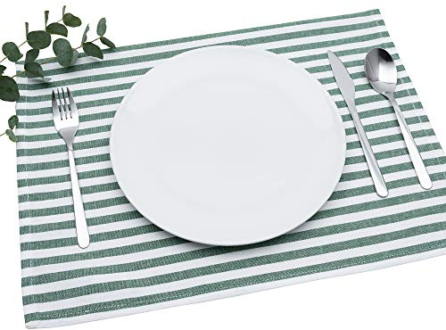 FILU Tischset 4 Stück Dunkelgrün/Weiß gestreift (Farbe und Design wählbar) 33 x 45 cm - hochwertig gefertigte Platzsets aus 100% Baumwolle im skandinavischen Landhaus-Stil