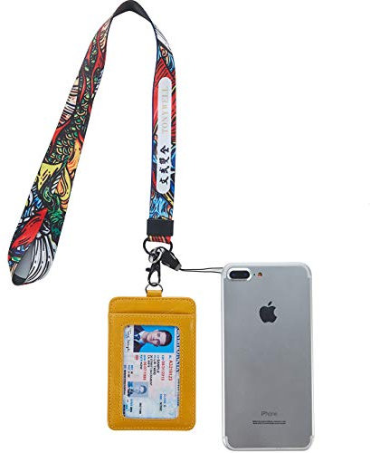 Tonywell Ausweishalter aus Leder mit Umhängeband 48,3 cm Halsband, vertikale Namensschild-/Kartenhalter für Damen/Herren Lanyard + Yellow Badge