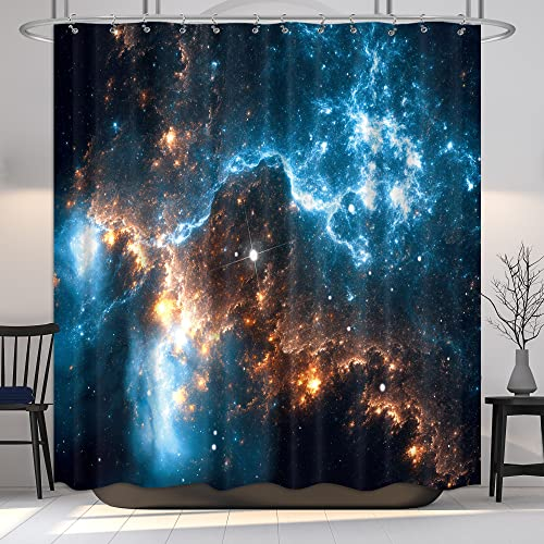 Riyidecor RY-KKCQ Galaxie-Duschvorhang – Nebel, Stern, Planet, Nacht, Sternenhimmel, Universum, Weltraum, Fantasie, Stoff, wasserdicht, Heimdekoration, 12 Stück, Kunststoffhaken, 183 x 183 cm