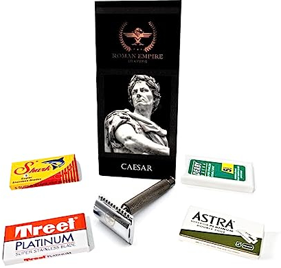 Rasoio di Sicurezza a Doppio Filo Caesar Gun Metal con Set di 20 Lamette (Astra-Platinum-Rubie-Rapira)