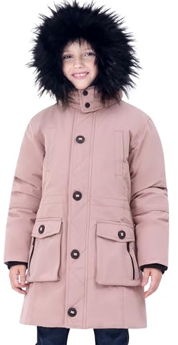 maoo garden Manteaux d'hiver pour Filles Veste de Neige Imperméable Épaisse Parka à Capuche En Fourrure Mi-Longue Rose 110-116