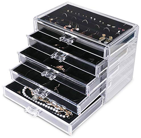 Frebeauty Extra große Acryl-Schmuckschatulle für Frauen, 5 Schichten, transparenter Schmuck-Organizer, Samt-Ohrring-Box mit 5 Schubladen, Ringe, Vitrine, Halskettenhalter (Schwarz