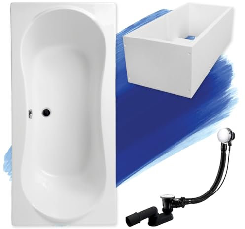 BADLAND Badewanne Original Weiß Acryl Wanne Rechteck LONG 170x80 KOMPLETTSET SET mit Premium Wannenträger + Füßen und Exklusive Chrom Automatik Ablaufgarnitur Made in EU 4in1