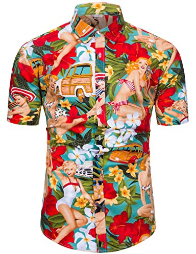 fohemr Funky Hawaiian Shirts for Men Short Sleeve Tropical Button Down Summer Beach Shirts Hula Girls Blue XX-Large