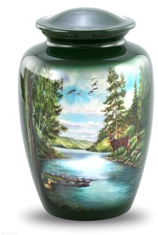 Urna de ciervo – Urna de cremación de ciervos en escena del bosque – Urnas para adultos con temática natural para hombres y mujeres – Urnas funerarias y conmemorativas verde bosque para cenizas