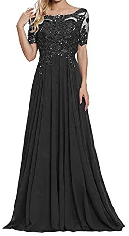 yhfshop Elegant Party Damen Brautjungfernkleider,Schulter-Kurzarm-Partykleid mit Spitzenapplikationen-Schwarz_52,Lange Abendkleid mit