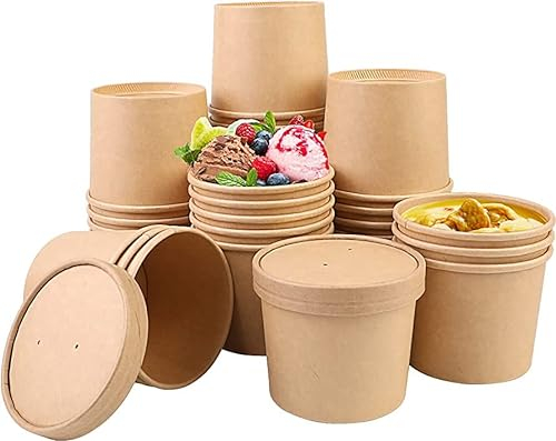 HOT BARGAINS 25 X 8oz Brown Kraft Disposable Soup Cups Containers with Lids of Paper Soup Bowls Size of 8oz, 12oz & 16oz Takeaway (8OZ)