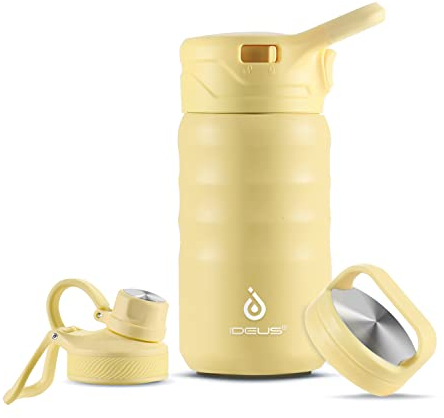IDEUS Bouteille d'eau isotherme sous vide, 360 ml, en acier inoxydable, gourde de sport à double paroi avec bouchon à vis étanche (jaune clair)