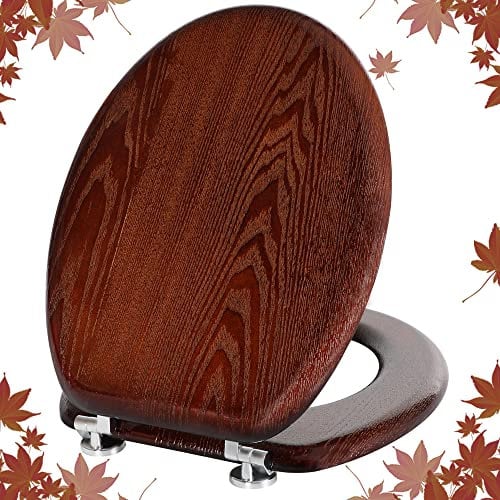 Angel Shield Abattant WC en bois naturel avec charnières en alliage de zinc, siège de toilette en bois anti-pincement, siège de toilette antibactérien de haute qualité (noyer foncé)