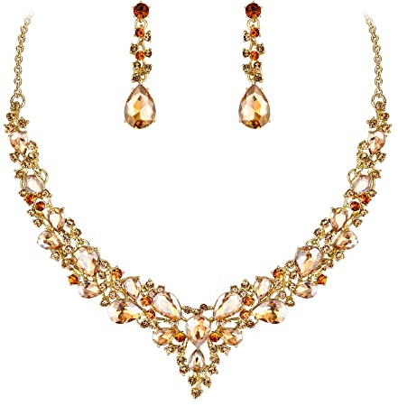 Ever Faith Wedding Bridal Crystal Teardrop Cluster Statement Necklace Dangle Earrings Jewellery Set for Women Brown Gold-Tone
