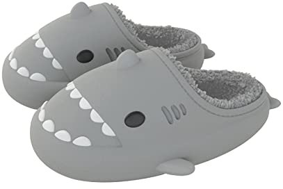 NIBESSER Pantofole Squalo Donna Ciabatte Uomo Invernali Pelose Ciabatte Squalo Uomo Inverno Impermeabili Pantofole da Casa con Suola Spessa Comode Antiscivolo Lavabili，Grigio，44/45 EU