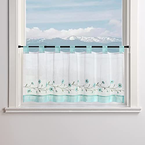 Delien Voile Scheibengardine Transparente Bistrogardinen Landhaus Kurz Vorhang Modern »Daisy« Kurzstores mit Blumenstickerei Küchengardinen mit Schlaufen BxH 140x45cm,Blau #1