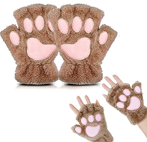 EQLEF Fingerlose Katzenpfoten Handschuhe - Nette Halbe Warme Winterhandschuhe Mit Krallen für Damen, Frauen, Lady Und Teenage Mädchen (Braun)