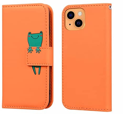 Bartern Flip Case for iPhone 14,PU Leather Wallet Case with Card Slot Kickstand Magnetic,Cartoon Folio Phone Cover Compatible with iPhone 14,Frog Orange