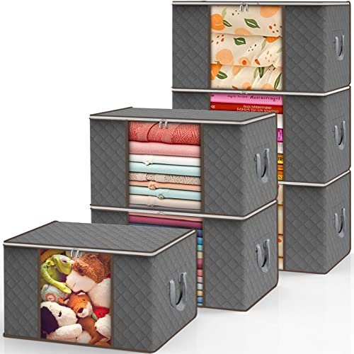 ENCOUN 6Piezas Cajas Almacenaje Ropa, 90L Almacenaje Bajo La Cama, Bolsa de Almacenamiento para Ropas Plegable, Bolsa de Almacenamiento de Ropa con Mango para Guardar Ropas, Edredones, Mantas (Gris)