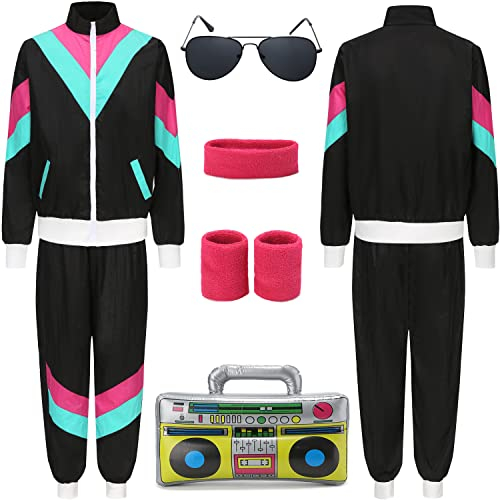 80er Jahre Kostüm Trainingsanzug Pop Art für Retro Stil Bad Geschmack Party Assi Anzug Proll Anzug Assi Jahre 80er 90er Jahre Outfit Kleidung Accessoires für Damen Herren Jogginganzug Schwarz G045XL