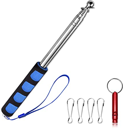 Teleskop Fahnenmast Set, Blau Fahnenstange Ausziehbar 2M mit 4 Stücke Karabinerhaken Rot Trillerpfeife, Edelstahl Fahnenmast Tragbarer für Flagge Friedensfahne Reiseleiter Camping