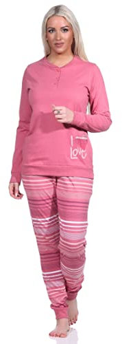 Normann Eleganter Damen Pyjama mit Bündchen und gestreifter Hose + Herzmotiv - auch in Übergrössen, Farbe:Altrose, Größe:60/62