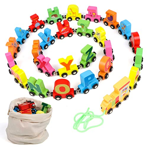 KABENFIS Hölzernes Schleppen Alphabet Zug Set 27PCS Magnetische Zug Auto Spielzeug