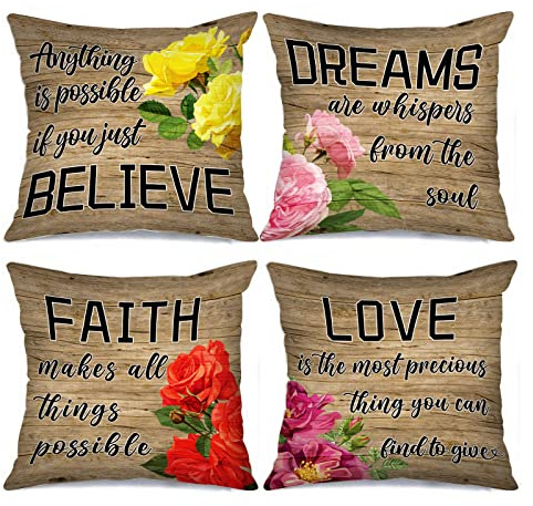 Tucocoo Set of 4 Farmhouse Rustic Throw Pillow Covers Inspirational Flower Pillow Cases Decorative Believe Dreams Faith Love Motivational Modern Square Cushion Cases for Sofa Couch Bed 18x18 inches