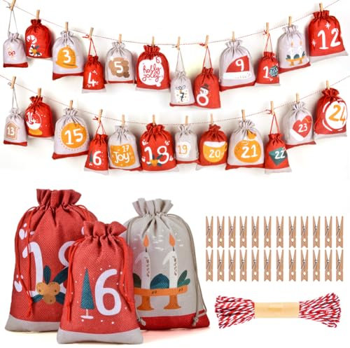 SXUUXB 24 Stück Adventskalender zum Selber Befüllen mit Bedruckten Mustern, Weihnachtskalender in Drei Größen Inklusive DIY Jutesäckchen Selbstgemachter Adventskalender Säckchen Kinder Frauen Männer
