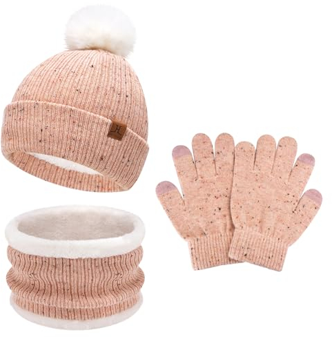 Kinder Winter Warm Beanie Mütze Loop Schal und Touchscreen Handschuhe Set, Pompom Wintermütze Strickmütze Winterhandschuhe Schlauchschal mit Fleece Gefütterte für 5–8 Jahre Mädchen Jungen, Rosa