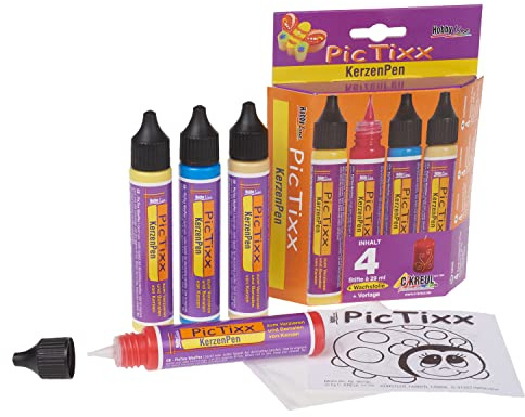 KREUL 49790 - PicTixx CandlePen Set, 4 Farben mit 29ml, Wachsfolie und Schablone, Farbe auf Flüssigwachsbasis, zum Beschriften, Dekorieren und Bemalen von Kerzen