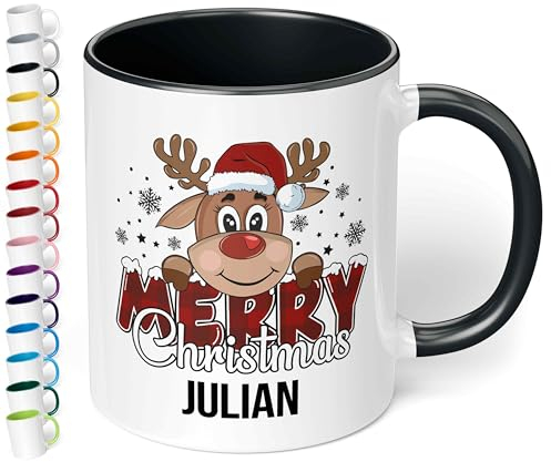 True Statements Weihnachtstasse mit Namen personalisiert „Merry Christmas“ - mit Rentier-Motiv - 330ml Keramik Kaffeebecher mit Spruch – Geschenk für Kollegen & Familie (Schwarz)
