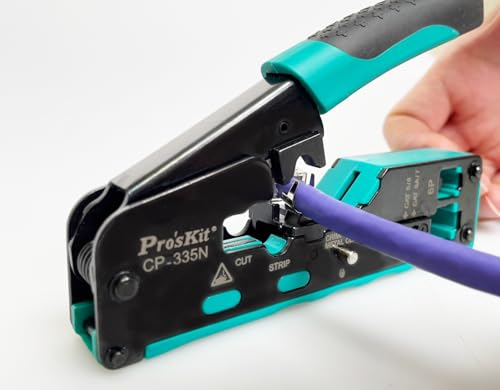 Pro'sKit Selbsteinstellende Crimpzange CP-335N CAT.5/6/7 Modularstecker Crimpwerkzeug Parallele Crimp-Aktion, Kraftsparend, 3-in-1 Schneiden/Abisolieren/Crimpen, Abisolierzange (CP-335N)