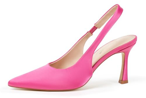 GENSHUO Eleganti Scarpe con Tacco da 10 cm Pompe Donna Tacco a Gattino Punta Appuntita Cinturino alla Caviglia, Camoscio Rosa, 40 EU