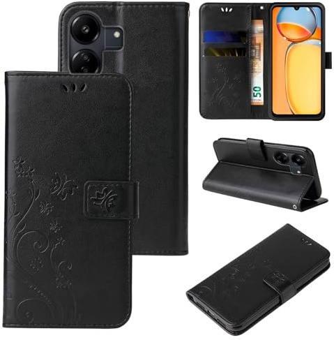 LBH Handy Hülle für Xiaomi Redmi 13C Case Handytasche Schmetterling Blumen Flower Standfunktion Schutzhülle Magnet Rundum Schutz 360 Grad Flipcase Cover Schwarz