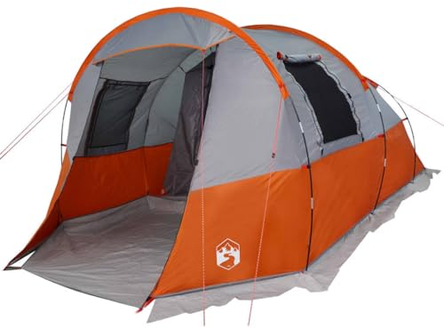 vidaXL Tunnelzelt 4 Personen, Campingzelt mit Netzwände, Wasserdicht Familienzelt mit E-Anschluss, Gruppenzelt, Grau Orange 185T Polyester