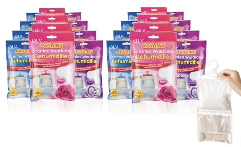 QLV Wardrobe Dehumidifier Hanging Bags - 24 Pack Scented Disposable Dehumidifier Bags for Wardrobe, Home, Bedroom, Caravan, Cupboard, Bathroom - Fast-Acting, Long-Lasting Damp & Moisture Absorber
